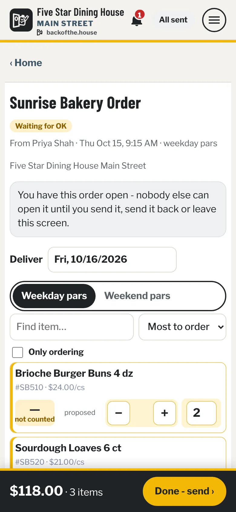 A kitchen staff member's order waiting for a manager's OK, with the delivery date, weekday pars and each line with plus and minus buttons.