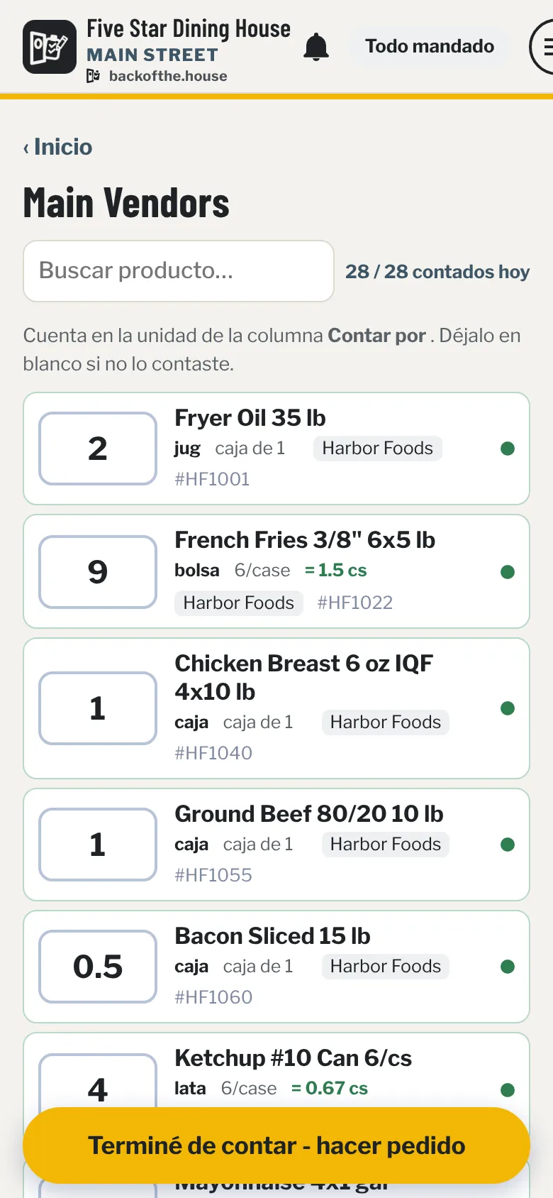 The count sheet in Spanish: Main Vendors with 28 de 28 contados hoy and the button Terminé de contar - hacer pedido.