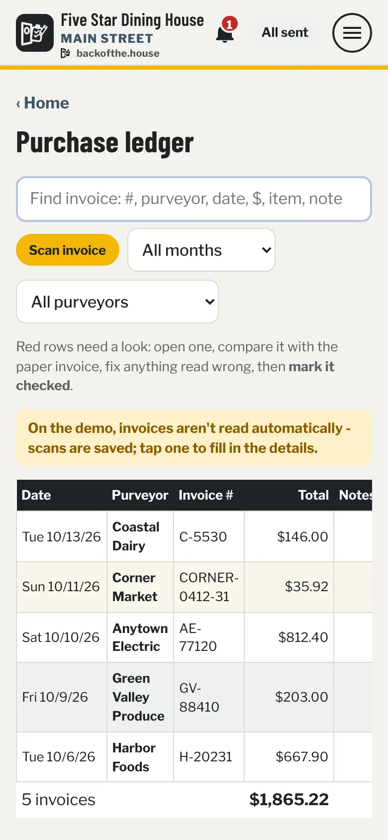 Purchase ledger: a search box, month and vendor filters, and a table of invoices with date, vendor, invoice number and total.