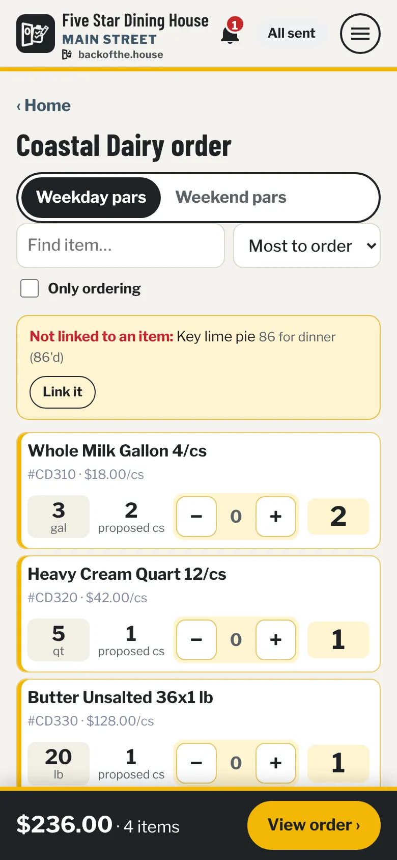 Order screen for a dairy vendor on weekday pars: each line shows on hand, proposed cases, minus and plus buttons and the amount to order, with a flagged item at the top.
