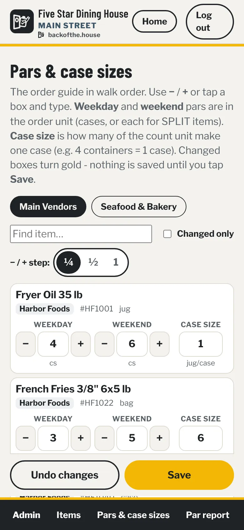 Pars and case sizes page: every item with weekday par, weekend par and case size boxes and minus and plus buttons, stepping by a quarter.