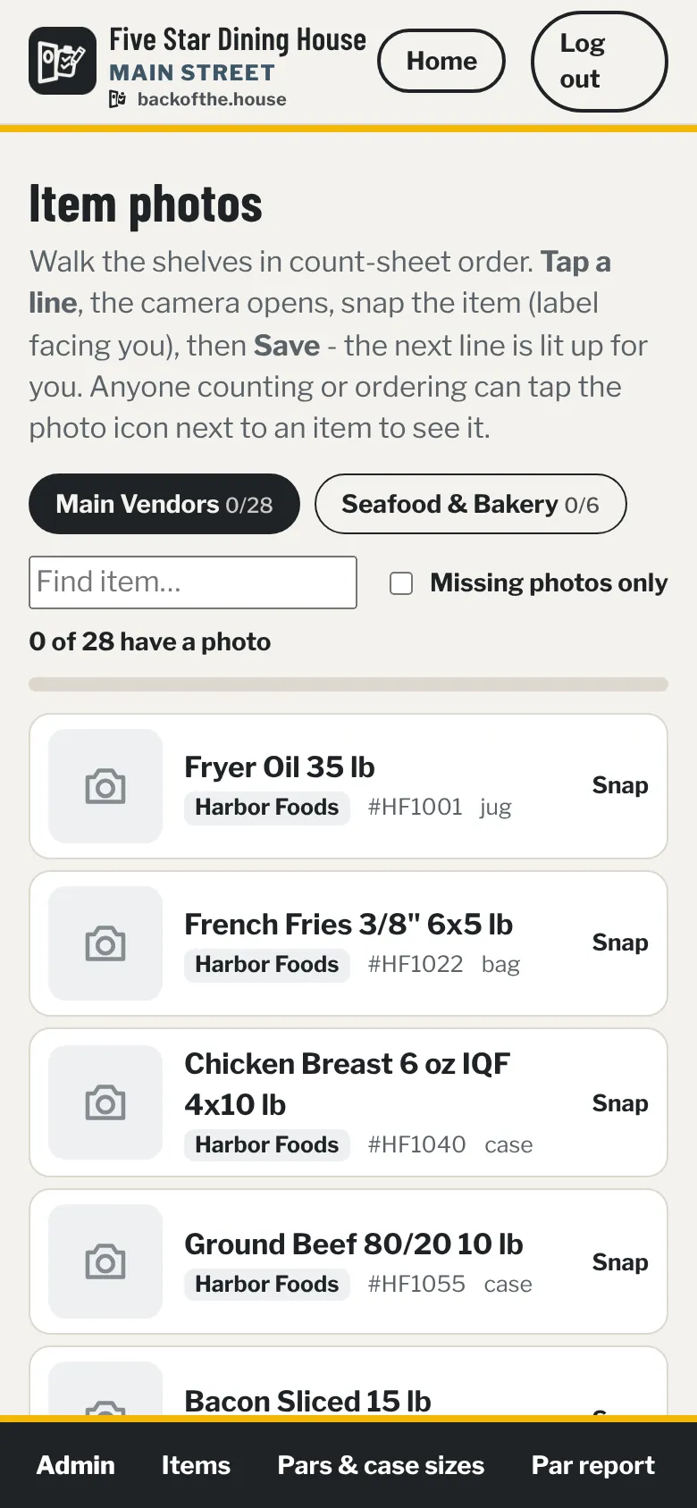 Item photos page: the count sheet in walk order with a Snap button on each line and a counter of how many items have a photo.