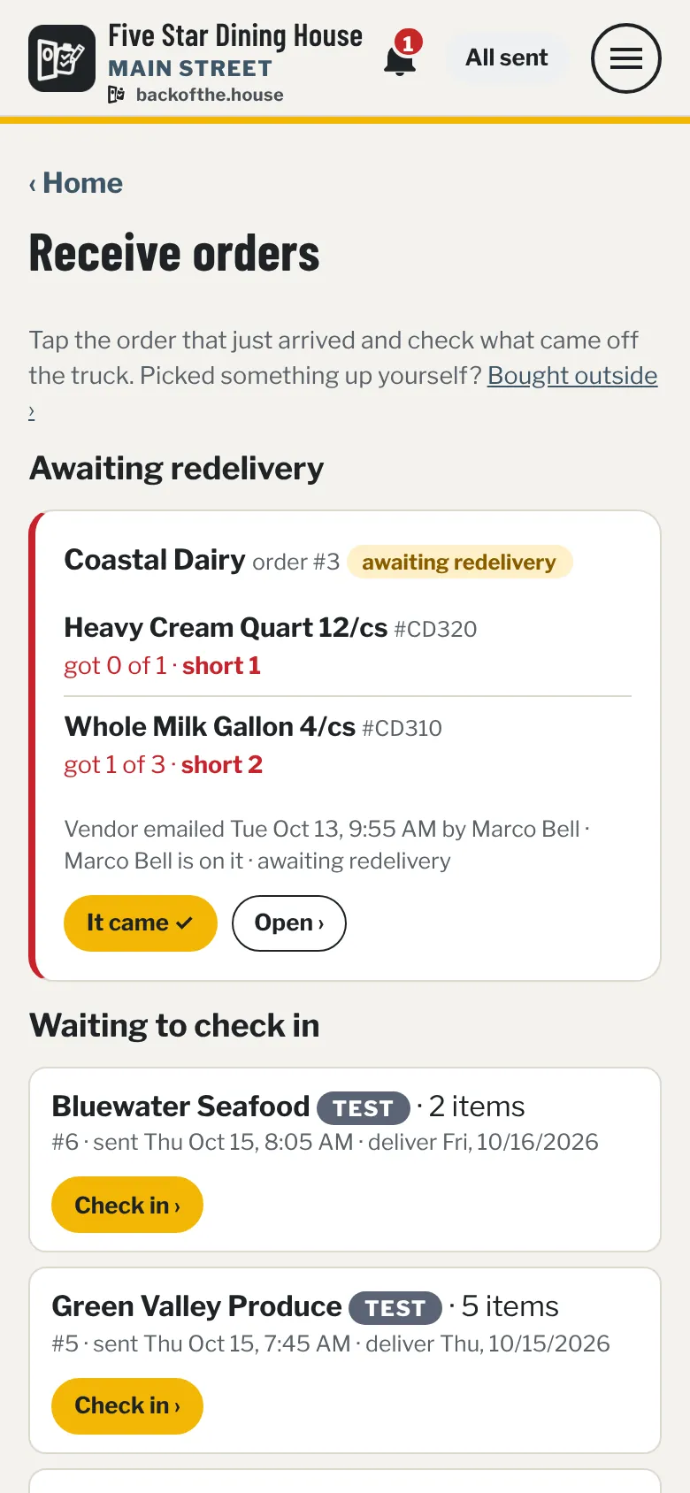 Receive orders: a dairy delivery awaiting redelivery with two short items, and today's deliveries waiting to check in.